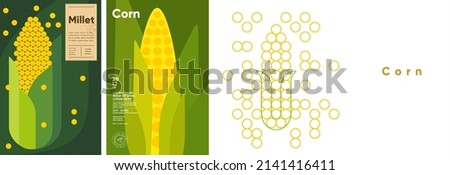 Corn. Food and natural products. Set of vector illustrations. Geometric, simple, linear style. Label, cover, price tag, background. Royalty-Free Stock Photo #2141416411
