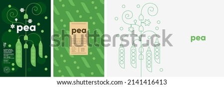 Pea. Food and natural products. Set of vector illustrations. Geometric, simple, linear style. Label, cover, price tag, background. Royalty-Free Stock Photo #2141416413
