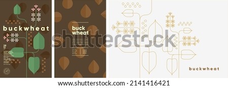 Buckwheat. Food and natural products. Set of vector illustrations. Geometric, simple, linear style. Label, cover, price tag, background. Royalty-Free Stock Photo #2141416421