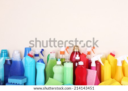 Cleaning products on shelf Royalty-Free Stock Photo #214143451