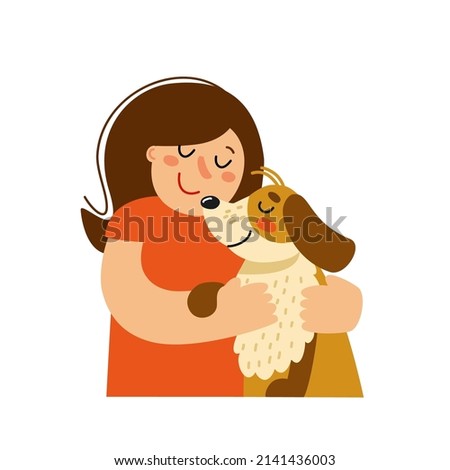 Cute girl  hugging dog. Happy female teen  with her puppy. Owner care about pet with love. Cartoon kid and doggy. Child and animal is friends. Hand drawn vector illustration, flat design  