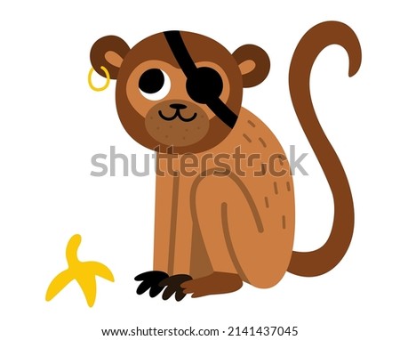Vector pirate monkey icon. Cute one eye animal illustration. Treasure island hunter with banana skin. Funny pirate party element for kids. Tropic ape picture with eye patch and earring   Royalty-Free Stock Photo #2141437045
