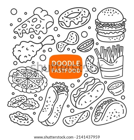 A set of fast food doodle elements.Junk food.Burger,hot dog,burrito,pizza. Isolated on a white background.
