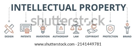 Intellectual property banner web icon vector illustration concept for trademark with icon of design, patents, invention, authorship, law, copyright, protection, and brand Royalty-Free Stock Photo #2141449781