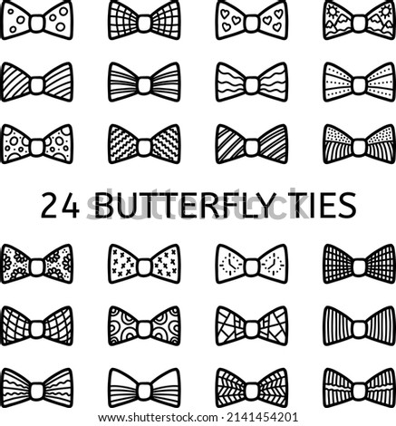 Big set of vector icons of Butterfly tie on a white background. Elegant men's bow. Coloring pages for adults.
