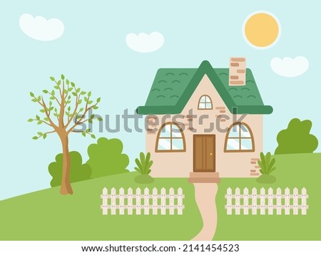 Spring village house with a green roof. Cute rustic landscape with a white fence, tree, bushes, lawn. Vector illustration of a sunny day outside the city.