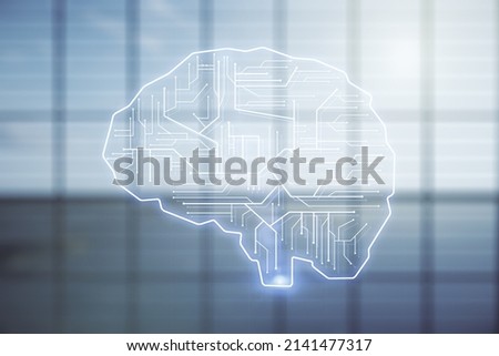 Double exposure of creative human brain microcircuit hologram on empty room interior background. Future technology and AI concept