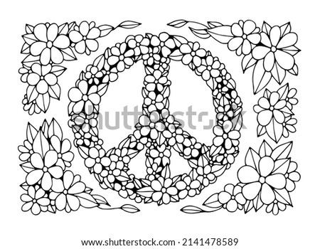 Coloring page Peace. Blooming flowers, symbols of peace, kindness and love. Hand drawn vector line art illustration. Coloring book for children and adults. Black and white sketch. Pacifist sign.