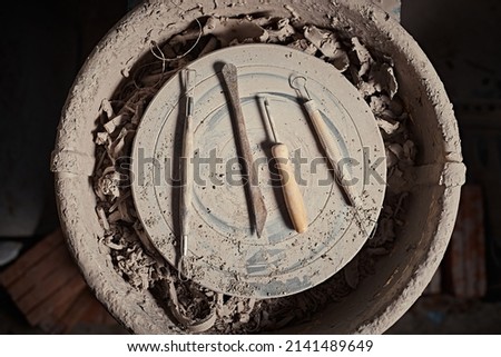 High Angle View Of  Pottery Tools on wheel  Royalty-Free Stock Photo #2141489649