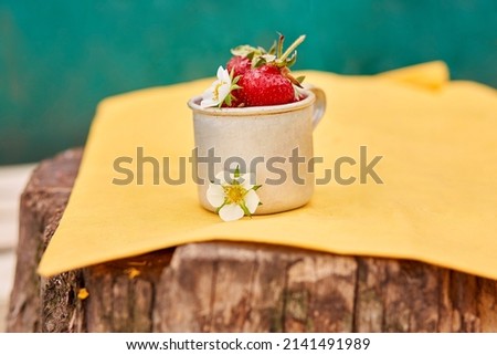  Strawberries in a metal aluminum travel mug on wooden stump. Green and yellow spring background. Cottagecore aesthetics concept, trendy shadows background. Copy space. High quality photo