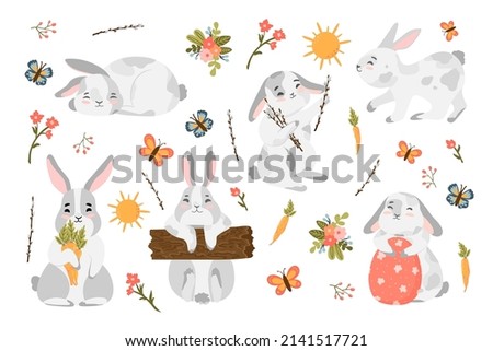 Happy Easter day stickers colorful collection with cute bunny, birds, eggs, sweet cupcakes, spring flowers and other elements. Easter icon set isolated on white. Vector flat cartoon illustration.