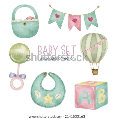 Set of Separate parts and bring together to beautiful clothes, baby items and toy in water colors style on white background, Watercolor vector illustration