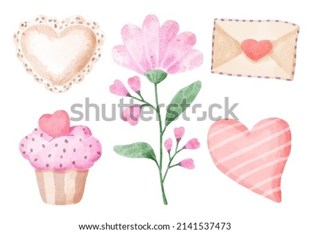 Watercolor elements for graphic designers to make artwork, including hearts, cakes, flowers, leaves, envelopes. 