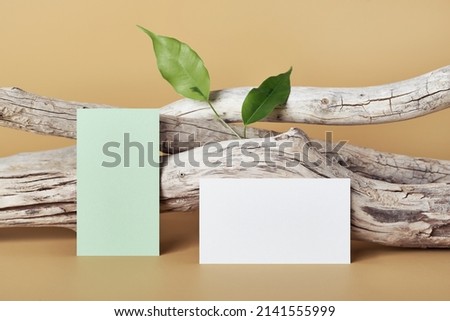 White and green paper business card mockup. Natural driftwood and green leaves on beige background
