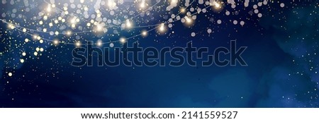 Magic night dark blue banner with sparkling glitter bokeh and line art. Horizontal line vector wedding backdrop. Gold confetti and navy background. Golden scattered dust.Fairytale magic star template Royalty-Free Stock Photo #2141559527