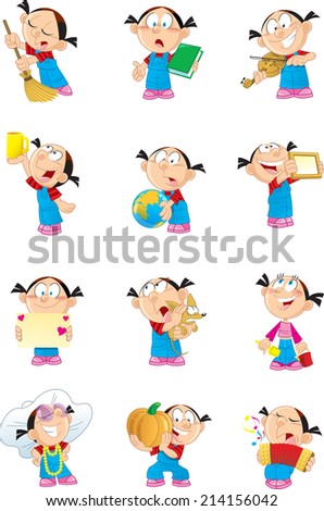 The illustration shows a child in different poses. This funny cartoon girl. Illustration can be used as a design element for cards, comic books. Achieved in isolation on a white background.