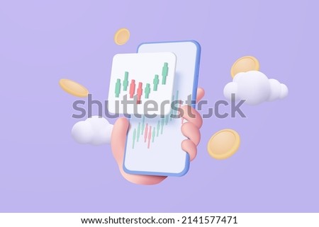 3D stock online trading with smartphone and money coin on mobile cloud. Investment graph using funding business on mobile in hand 3d concept. 3d vector stock trading for investment render illustration Royalty-Free Stock Photo #2141577471