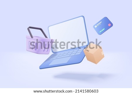 3D shopping online with laptop, product shipping packing, shopping bag or basket. Credit card protection with password secure for online payment concept. Notebook icon 3d vector render illustration Royalty-Free Stock Photo #2141580603