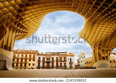 Metropol Parasol wooden structure located in the old quarter of Seville, Spain. Empty place without people. Royalty-Free Stock Photo #2141598051