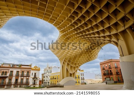 Metropol Parasol wooden structure located in the old quarter of Seville, Spain. Empty place without people. Royalty-Free Stock Photo #2141598055