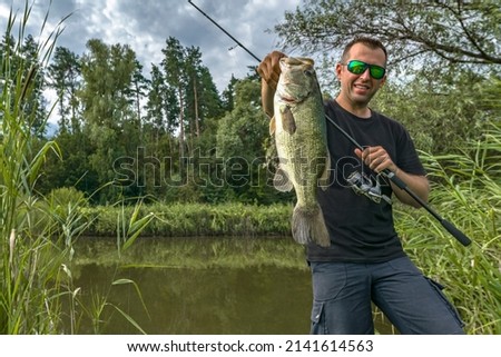 Bass fishing. Big bass fish in hands of pleased fisherman with spinning rod at lake. Largemouth perch at pond Royalty-Free Stock Photo #2141614563