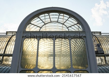 The fogged windows of Palm House, a glass greenhouse on the grounds of Kew Gardens in London.  Image has copy space.