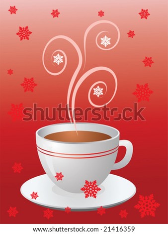 Christmas hot cup of coffee on red with snowflakes