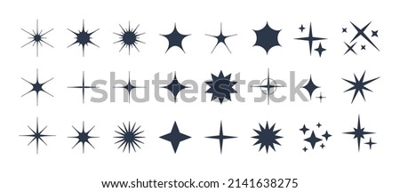 Minimalist silhouette stars icon, twinkle star shape symbols. Modern geometric elements, shining star icons, abstract sparkle black silhouettes symbol vector set Royalty-Free Stock Photo #2141638275