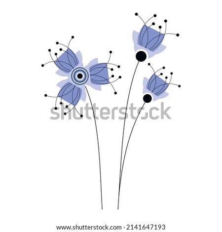 Bunch of geometric blue flowers bundle vector simple illustration isolated on white. Floral linear design element for print, background, banner or card.