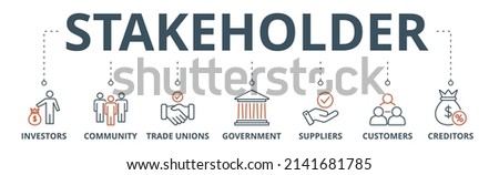Stakeholder relationship banner web icon vector illustration concept for stakeholder, investor, government, and creditors with icon of community, trade unions, suppliers, and customers Royalty-Free Stock Photo #2141681785