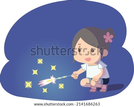 Clip art of girl playing with fireworks