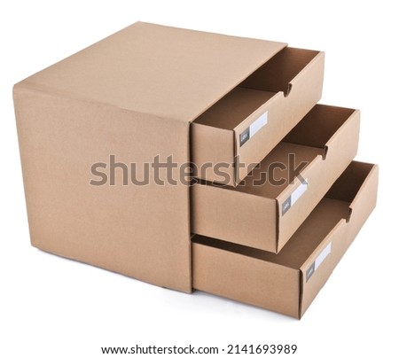 Open drawer box isolated on white background. Laminated cardboard.