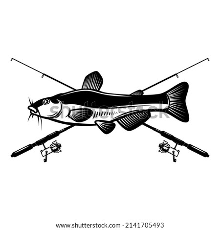 Catfish and crossed fishing rods. Design element for emblem, sign, badge, logo. Vector illustration