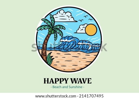 Beach Summer Badges with Sun and Blue Ocean Wave Coconut Tree and Surf paradise island
