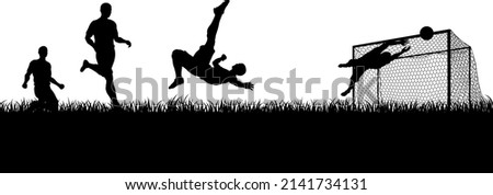 Soccer football players in silhouette playing a match game scene