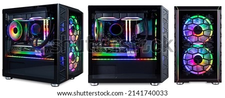 set collection of black custom gaming pc computer with glass windows and colorful bright rgb rainbow led lighting isolated on white background