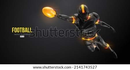Realistic silhouette of a american football player man in action isolated black background. Vector illustration