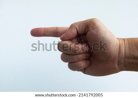 Asian man hand pointing with white background. 