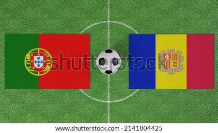 Football Match, Portugal vs Andorra, Flags of countries with a soccer ball on the football field