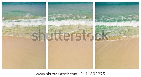 Beatiful sea coast view collage with sand, ocean and waves. Idellyc paradise place pictures set with holiday vibes