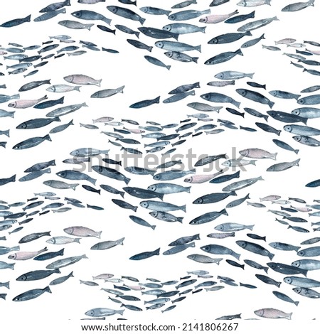 Seamless pattern hand painted in watercolor ocean fish isolated on white background. Cute cartoon underwater animals textile pattern.