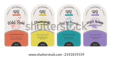 Dead sea minerals cream for beauty and skin care, isolated labels, and packages. Herbal tea, wild rose and chamomile tea, advertisement and emblems. Healthy ingredients. Vector in flat style Royalty-Free Stock Photo #2141819559
