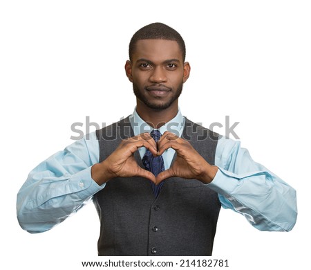 Portrait handsome smiling young business man makes hand heart shape using fingers isolated white background. Positive human emotions, facial expressions, feelings, body language, attitude
