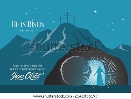 He is risen! Jesus appeared in Tomb with a mountain at back in teal background Royalty-Free Stock Photo #2141836199