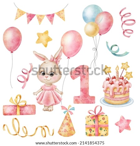Set of watercolor clipart birthday in cartoon style, with cute baby bunny girl. Perfect for design birthday invitations, posters, cards, little girl party decorations.