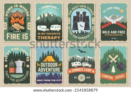 Set of camping retro posters. Vector illustration. Concept for shirt or logo, print, stamp or tee. Design with campfire, mountains, coffee, knife, mountains, deer, binoculars and forest silhouette.