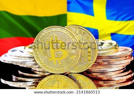 Bitcoins on the background of flag Lithuania and Sweden. Concept for investors in cryptocurrency and Blockchain technology in Lithuania and Sweden