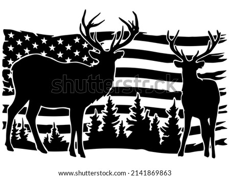 Deer on the background of the USA flag, hunting season. Vector clipart.