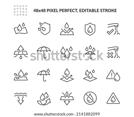 Simple Set of Waterproof Related Vector Line Icons. 
Contains such Icons as Drop Warning, Moisture Resistant Textile, Allowed to wash under water and more. Editable Stroke. 48x48 Pixel Perfect.