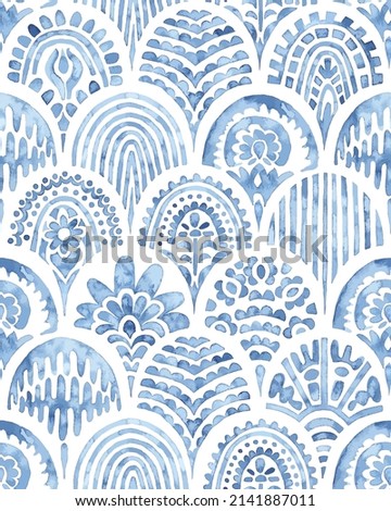 Seamless moroccan pattern. Seigaiha vintage tile. Blue and white watercolor ornament painted with paint on paper. Wavy print for textiles in Japanese style. Set grunge texture. Vector illustration.